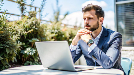 Handsome businessman in suit sitting at table with laptop and looking awayの素材