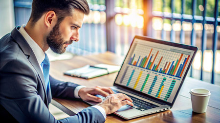 Businessman analyzing investment charts on laptop computer. Accounting and financial management concept.の素材