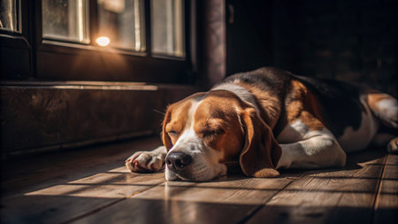 Beagle dog lying on the floor in the rays of the sunの素材