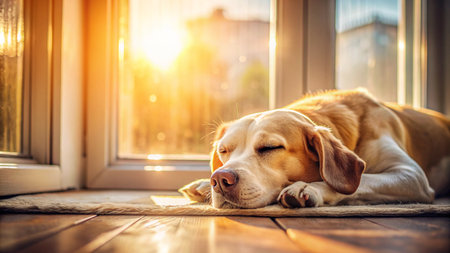 Labrador retriever dog lying on the floor by the window at sunsetの素材