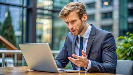 Businessman working on his laptop in a terrace of a cafeの素材