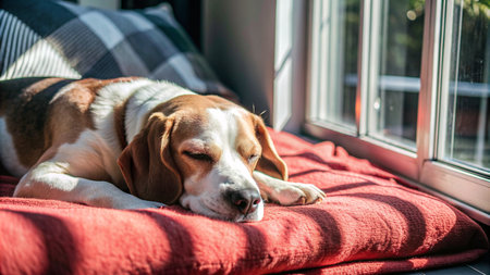 Beagle dog sleeping on the windowsill in a sunny day.の素材