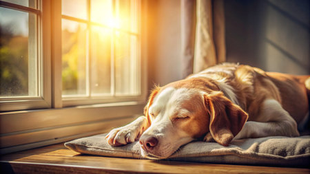 Beagle dog sleeping on the windowsill in the morning sunlight.の素材