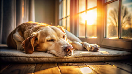 Labrador retriever dog sleeping on the windowsill at sunset.の素材