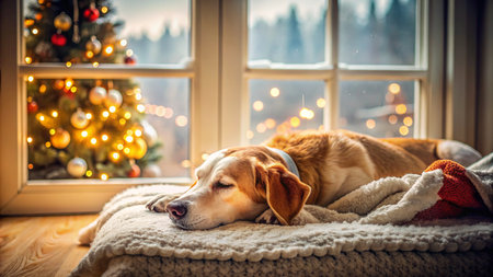 Cute labrador retriever dog lying on the windowsill with a Christmas tree in the backgroundの素材