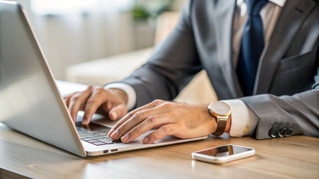 Businessman working on laptop computer in office. Close up of male hands typing on laptop keyboard.の素材