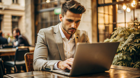 Handsome young businessman working on laptop computer while sitting in cafeの素材