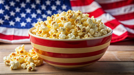 Popcorn in a bowl with American flag on a wooden background.の素材