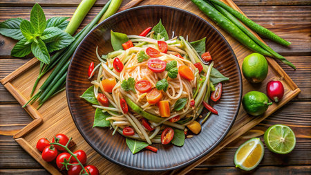 Spicy papaya salad with vegetable on wooden background, Thai foodの素材