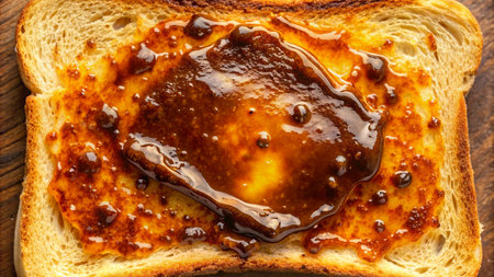 Toast with peanut butter on a wooden background. Top view.の素材