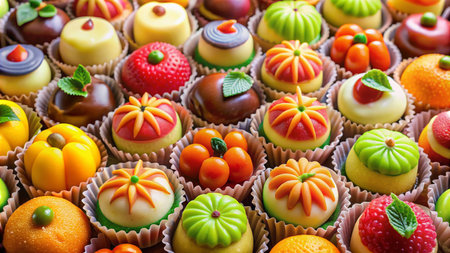 Colorful chocolates in a box, close-up.の素材