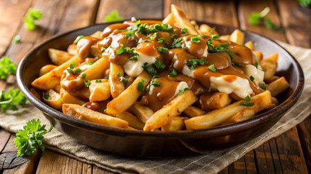 French fries with mushroom sauce and mayonnaise on a plate.の素材