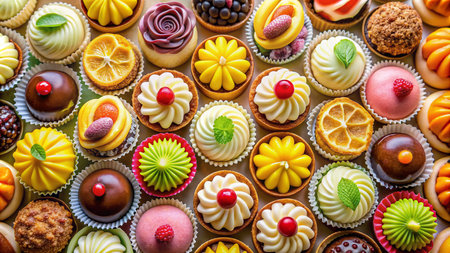 Variety of colorful cupcakes and muffins, top view.の素材