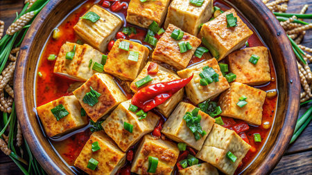 Tofu with chili and green onion in a bowl on wooden tableの素材
