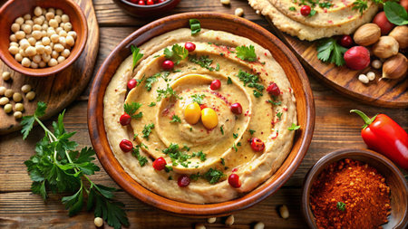 Hummus with pomegranate and herbs on wooden backgroundの素材