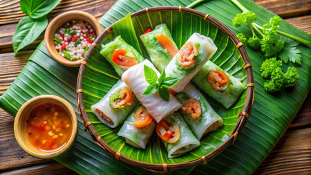 Spring rolls with shrimps and vegetables on a wooden background.の素材