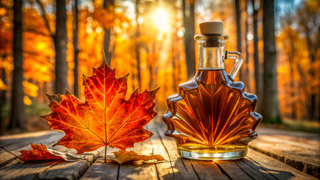 A bottle of maple syrup on a wooden table in the autumn forest.の素材