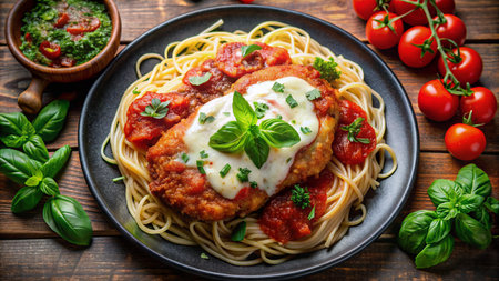 Spaghetti pasta with tomato sauce, basil and mozzarella cheeseの素材