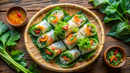 Vietnamese spring rolls on a bamboo plate on a wooden tableの素材