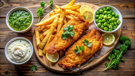 Traditional British fish and chips with green peas and mashed potatoes on wooden backgroundの素材