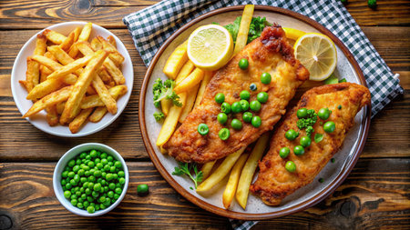 Breaded fish fillet with french fries, green peas and lemonの素材