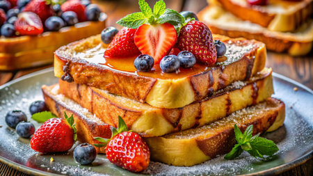 French toast with fresh berries and honey on rustic wooden table.の素材