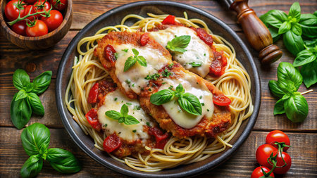 Spaghetti pasta with mozzarella cheese, tomatoes and basil on wooden tableの素材