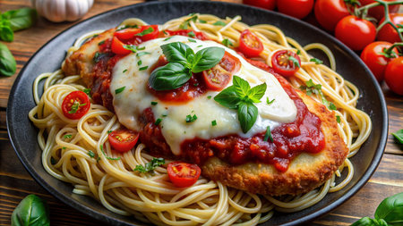 Spaghetti with tomato sauce, mozzarella cheese and basil on wooden tableの素材