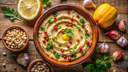 Hummus with pomegranate and lemon on wooden backgroundの素材