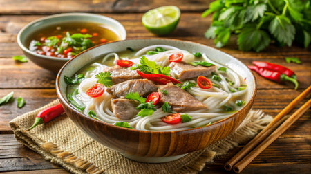 Vietnamese noodle soup with pork and chili on wooden tableの素材