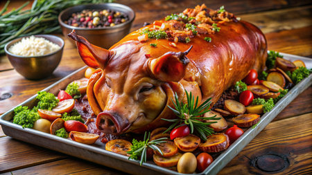Baked pork knuckle with vegetables and spices on a wooden tableの素材
