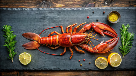 Lobster with lemon and rosemary on a black background.の素材