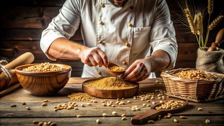 Chef in a white shirt and apron is holding a bowl full of wheat grains.の素材