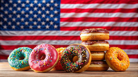 Glazed donuts with american flag on wooden background. Close up.の素材