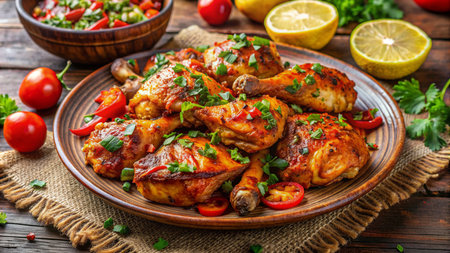 Grilled chicken wings with vegetables and spices on a wooden background.の素材