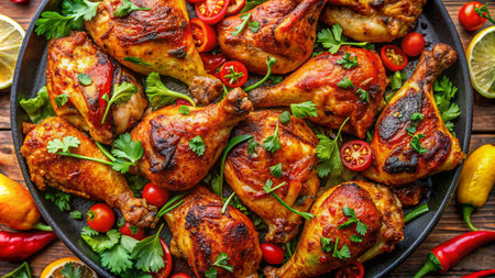 Grilled chicken legs with vegetables and herbs on a wooden background.の素材