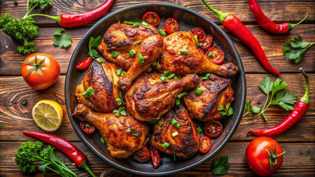 Grilled chicken wings with herbs and spices on a cast-iron frying panの素材