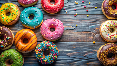 Colorful glazed donuts with sprinkles on dark wooden backgroundの素材