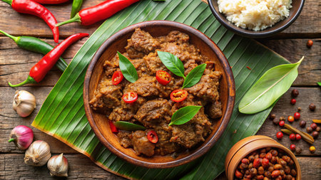 Beef stew with rice and chilli in bowl on wooden backgroundの素材