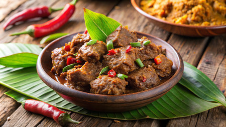 Beef stewed with chilli in a bowl on wooden tableの素材