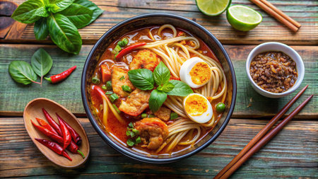 Thai spicy noodle soup with pork and egg on wooden backgroundの素材
