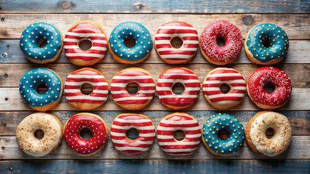 Delicious donuts with american flag on wooden table, top viewの素材