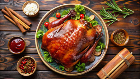 Baked whole chicken with vegetables and spices on wooden background. Top viewの素材