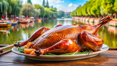 Roast duck on a wooden table on the background of the lakeの素材