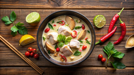 Thai style chicken curry in a bowl on wooden table background.の素材