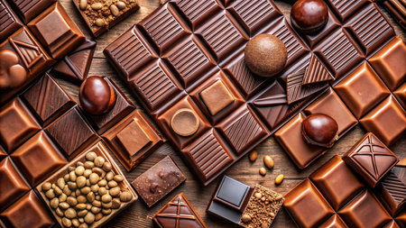 Chocolate candies and nuts on a wooden background. Top view.の素材