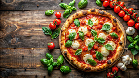 Pizza Margherita with mozzarella cheese, tomatoes and basil on wooden backgroundの素材