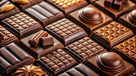 Chocolate background. Chocolate candies. Close-up of chocolate bars.の素材