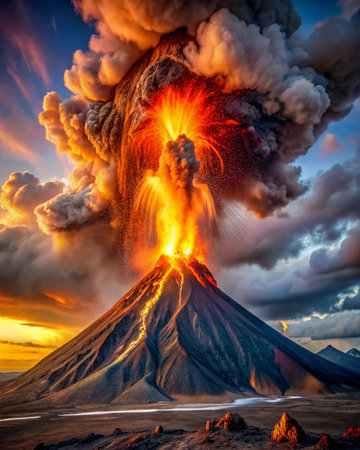 Volcanic eruption at sunrise. Kamchatka Peninsula, Russiaの素材
