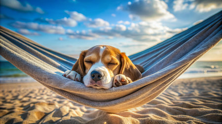 Beagle dog sleeping in hammock on the beach. Summer vacation conceptの素材